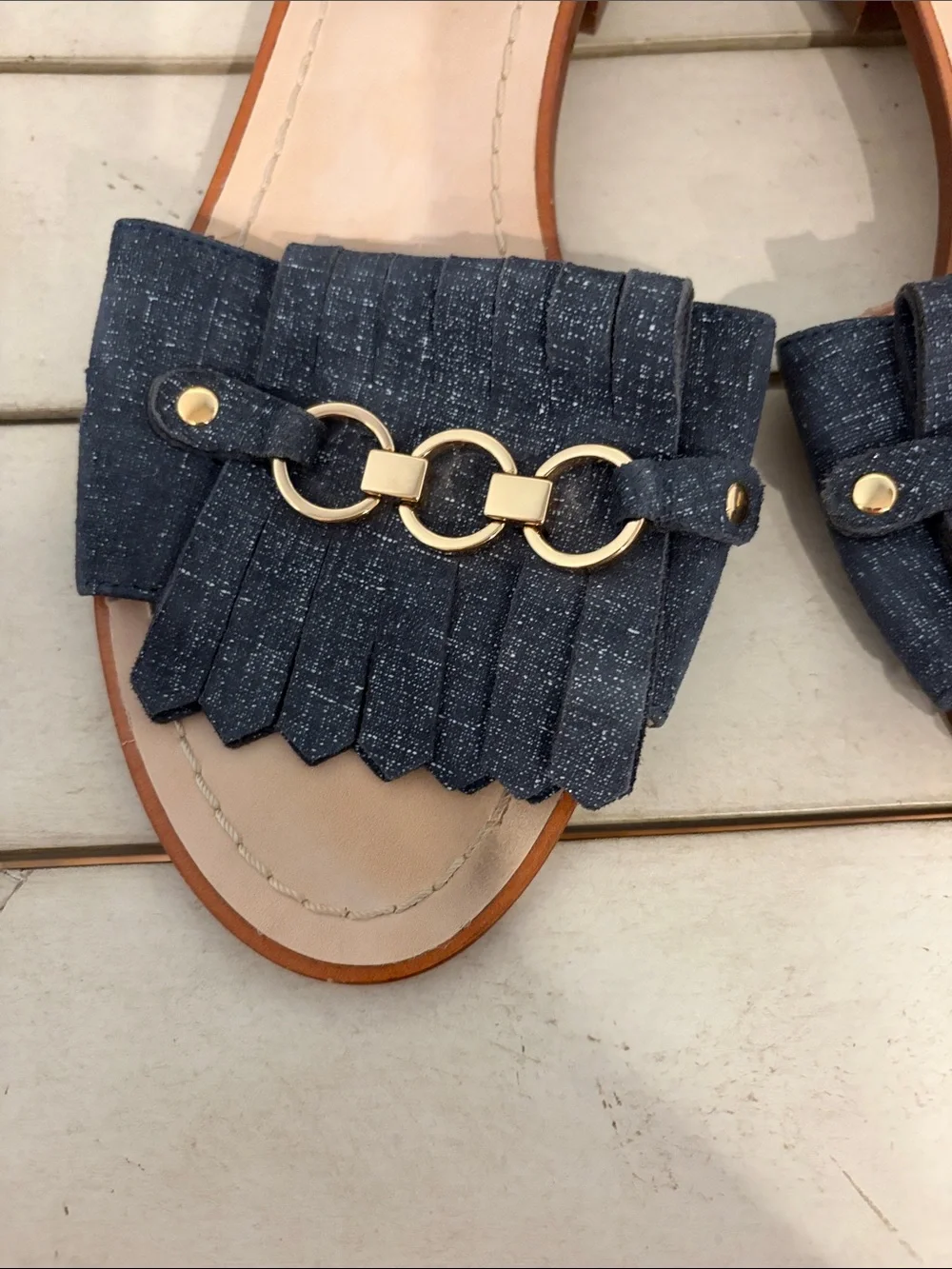kate spade Brie Navy Dark wash Denim Fringe Slide Sandals with Gold Chain